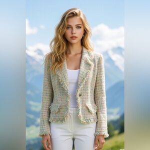 Ice Pastel Multi Tweed Blazer with Fringe Trim